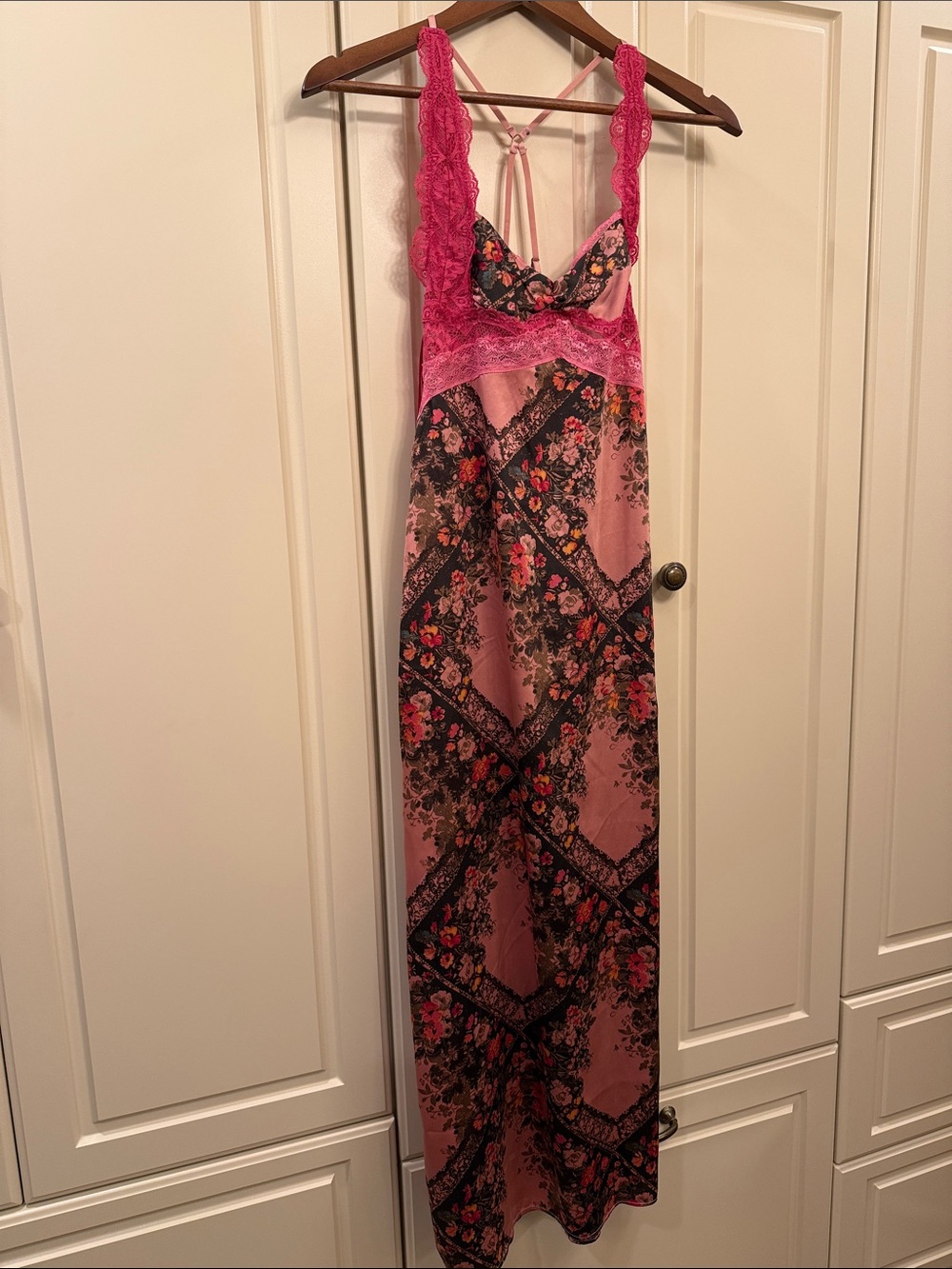 Pink Floral Lace Trim Slip Dress